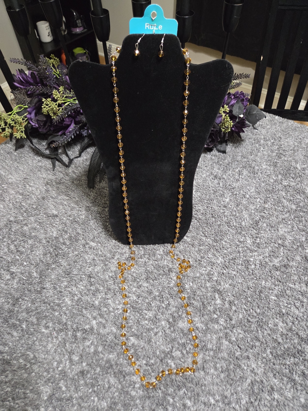 Amber Beaded Long Necklace and Earrings Set